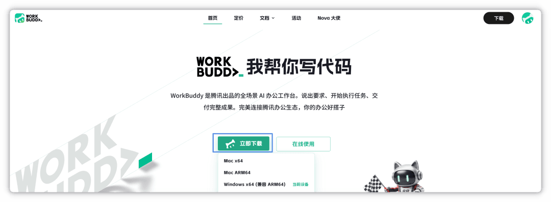 Download options on the WorkBuddy website