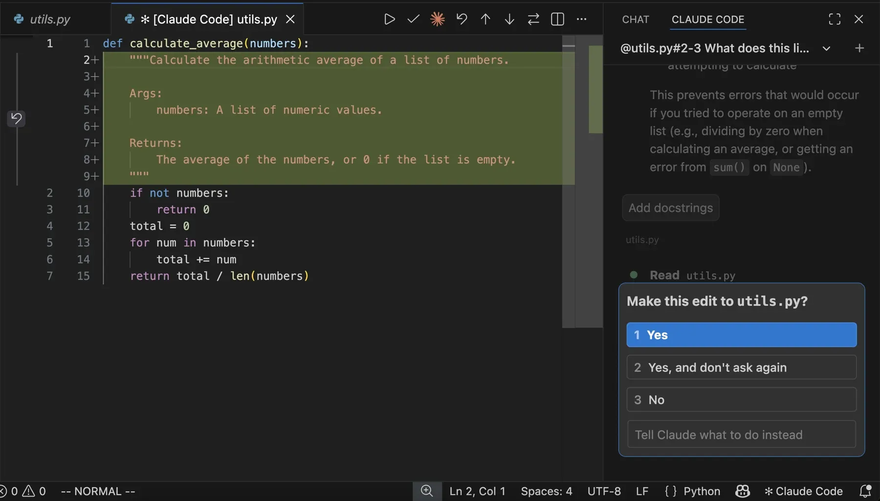 Claude Code in VS Code showing added code and confirmation controls