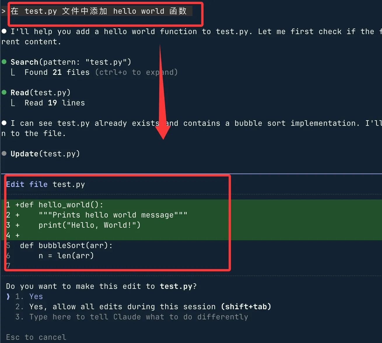 Claude Code terminal showing proposed changes and asking whether to apply them