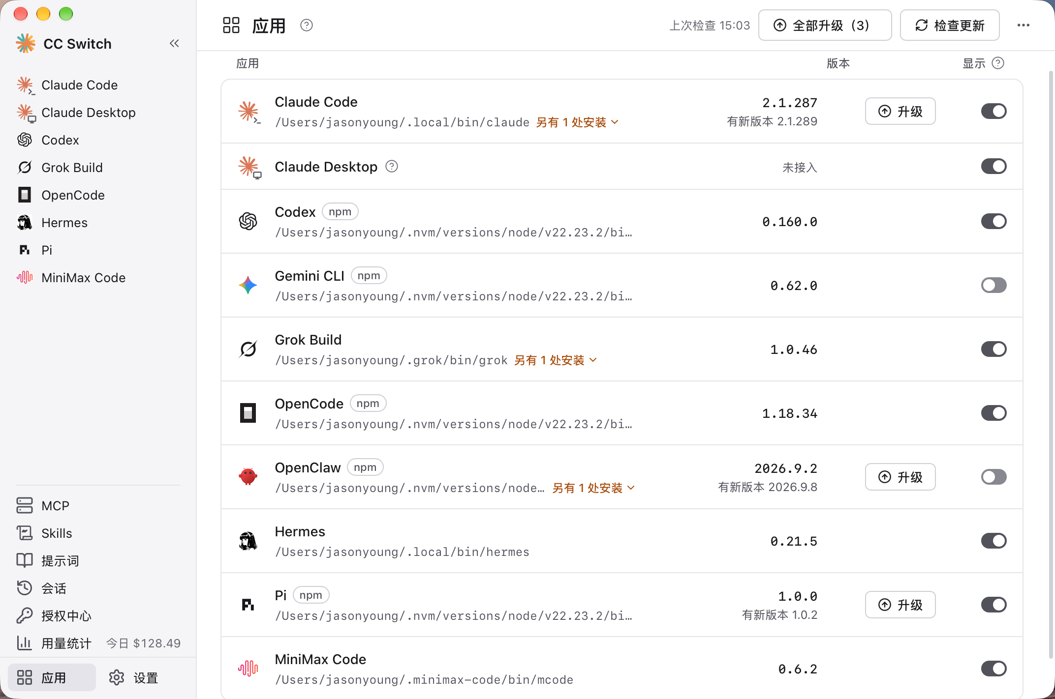 The Apps page with tool versions and install or update controls