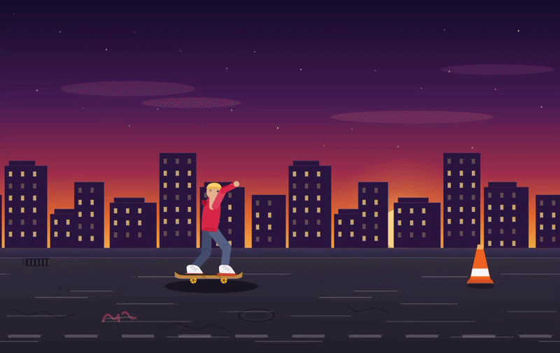 DeepSeek V4.1 Flash 生成的动态 SVG:黄昏城市街道上,滑板少年起跳完成 Ollie