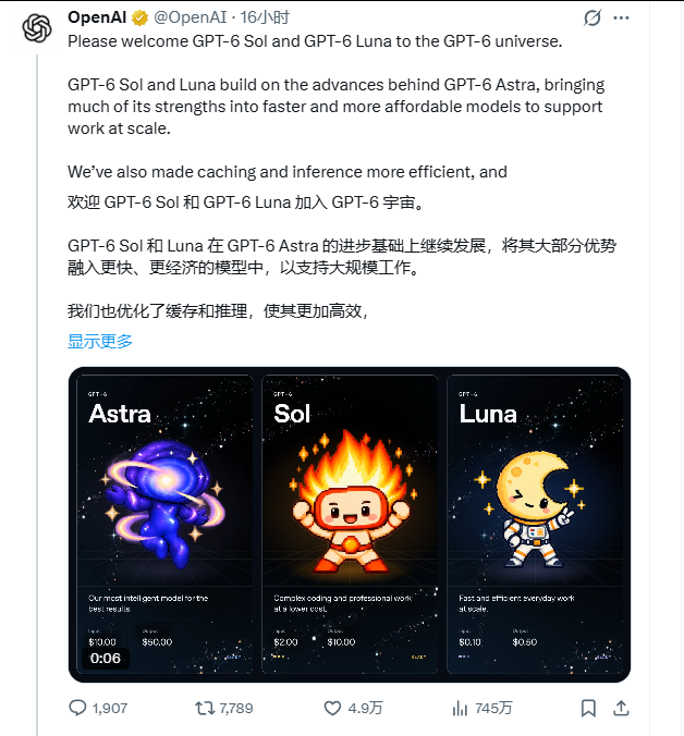 OpenAI 官方账号发布 GPT-6 Sol 与 GPT-6 Luna 的推文截图,配图为 Astra、Sol、Luna 三张卡片及各自的输入输出价格
