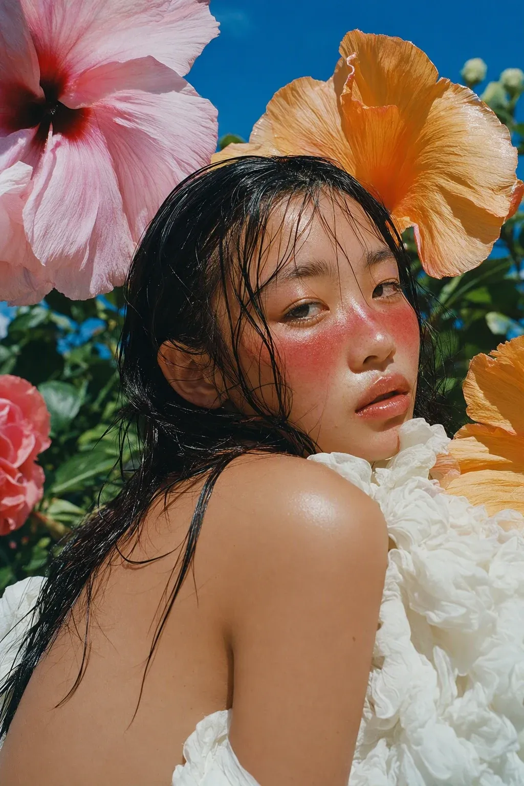 GPT-Image-2 生成的时尚人像:湿发、晒伤妆的亚洲女性侧身回眸,身旁是白色褶皱织物和巨大的粉色、橙色花朵,背景为蓝天