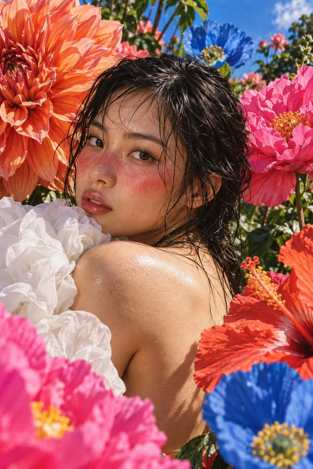 GPT-Image-2.5 Sunburst 生成的时尚人像:湿发、晒伤妆的亚洲女性回眸望向镜头,怀抱白色褶皱织物,四周环绕巨大的橙、粉、蓝色花朵