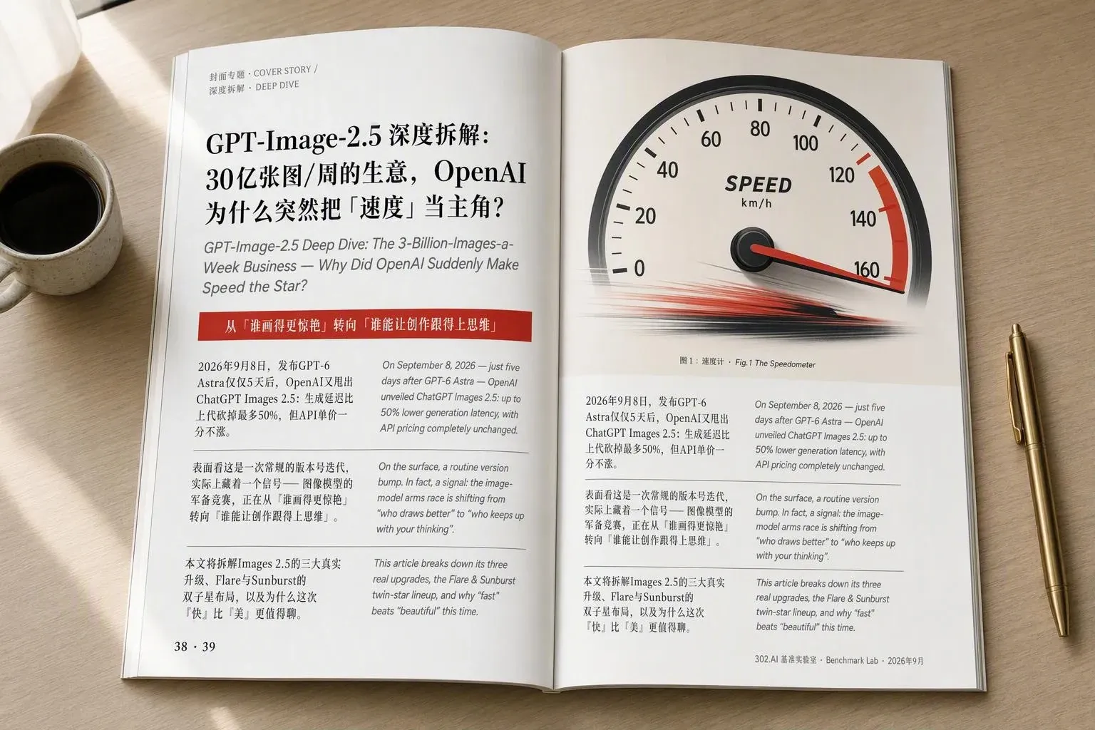 GPT-Image-2 生成的杂志跨页俯拍图:左页为双语标题和正文,右页为白色速度计插图,但下方重复了左页的三段正文