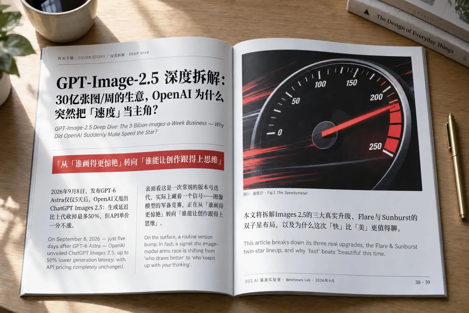 GPT-Image-2.5 Sunburst 生成的杂志跨页俯拍图:左页为中英双语标题、红色引语条和三组双语正文,右页为红色速度计插图与图注,页脚有页码 38 · 39
