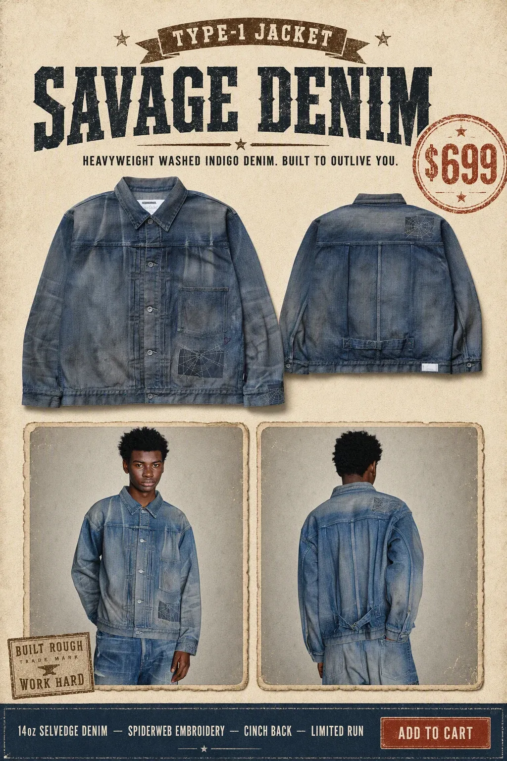 GPT-Image-2 生成的复古工装风电商海报:SAVAGE DENIM 标题偏左,夹克正面图明显大于背面图,下方是两张相框模特照和底部 ADD TO CART 按钮