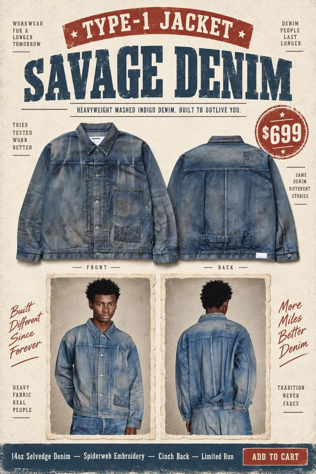 GPT-Image-2.5 Sunburst 生成的复古工装风电商海报:SAVAGE DENIM 标题居中,砖红色 $699 印章,夹克正背面抠图和两张做旧相框模特照,两侧有装饰性标语,底部为 ADD TO CART 按钮