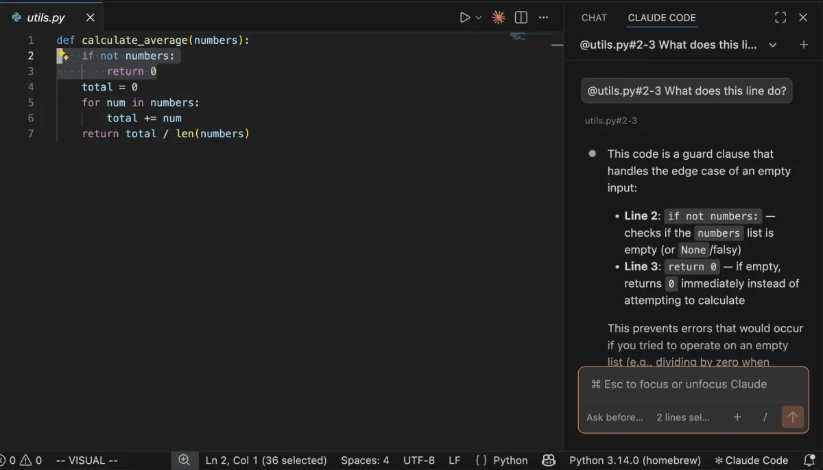 Claude Code in VS Code reading selected code and explaining it in the sidebar