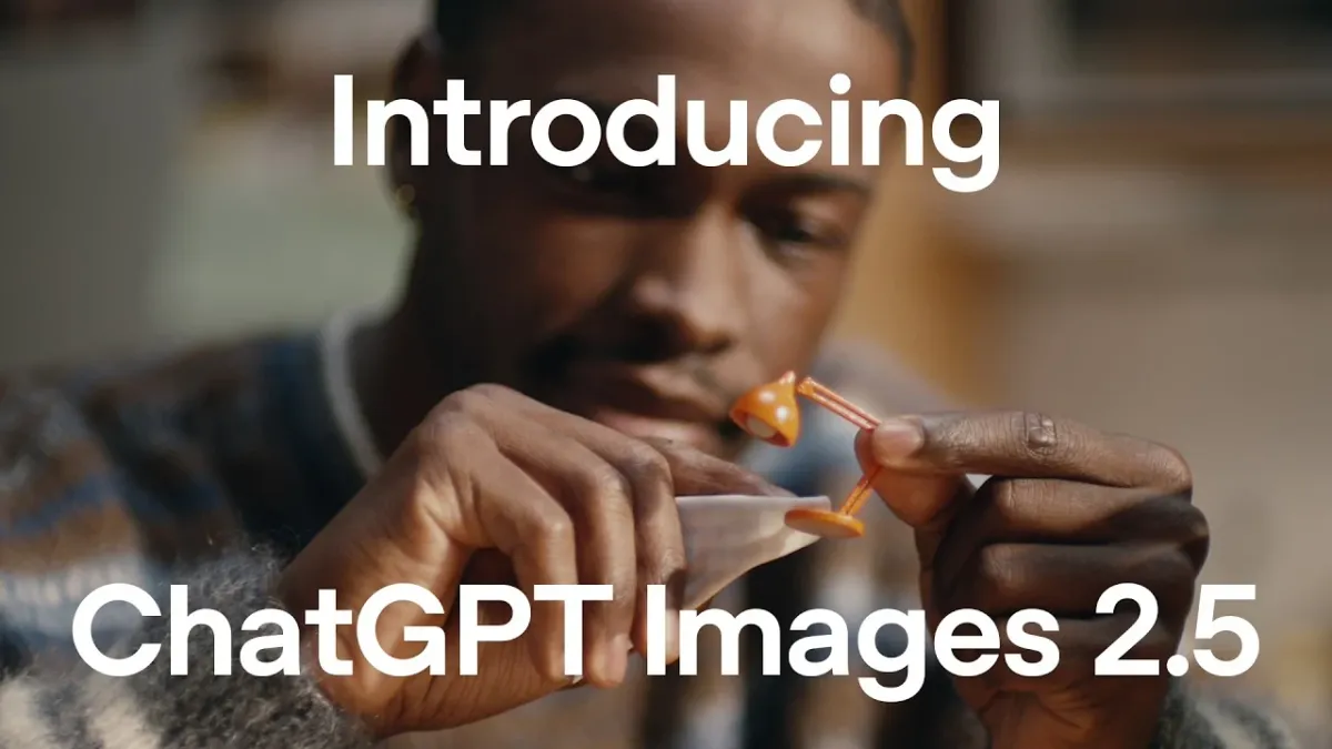 OpenAI 官方宣传图：一名男子专注地组装一个橙色小台灯模型，画面上写着 Introducing ChatGPT Images 2.5